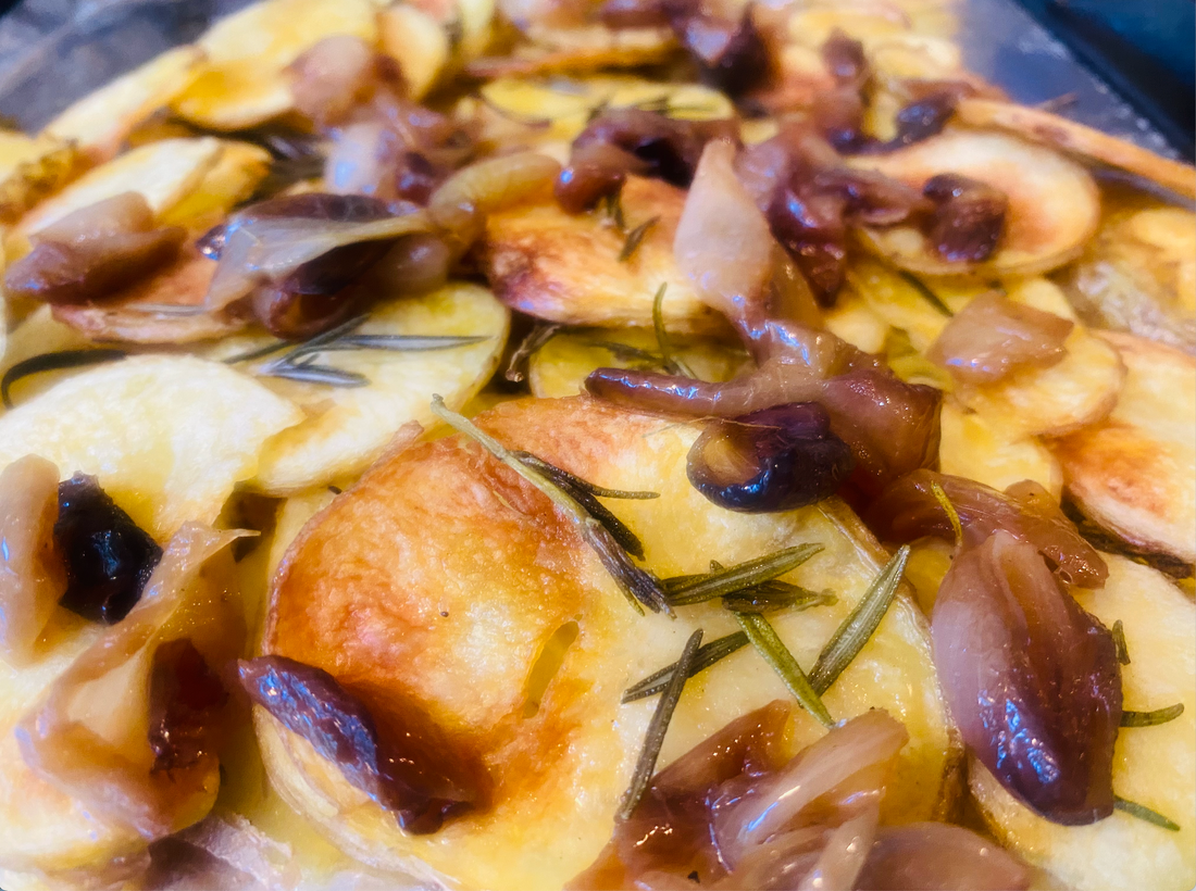 Baked Yukon Gold Potato Discs with Caramelized Onions and Fresh Rosemary