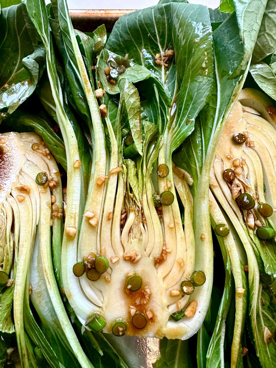 Roasted Pac Choi with Sesame Oil, Garlic Scapes, Ginger & Soy