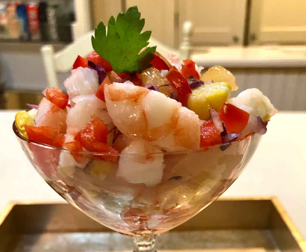 Poached Shrimp, Peach, Corn & Red Pepper Salad- Peach Syrup